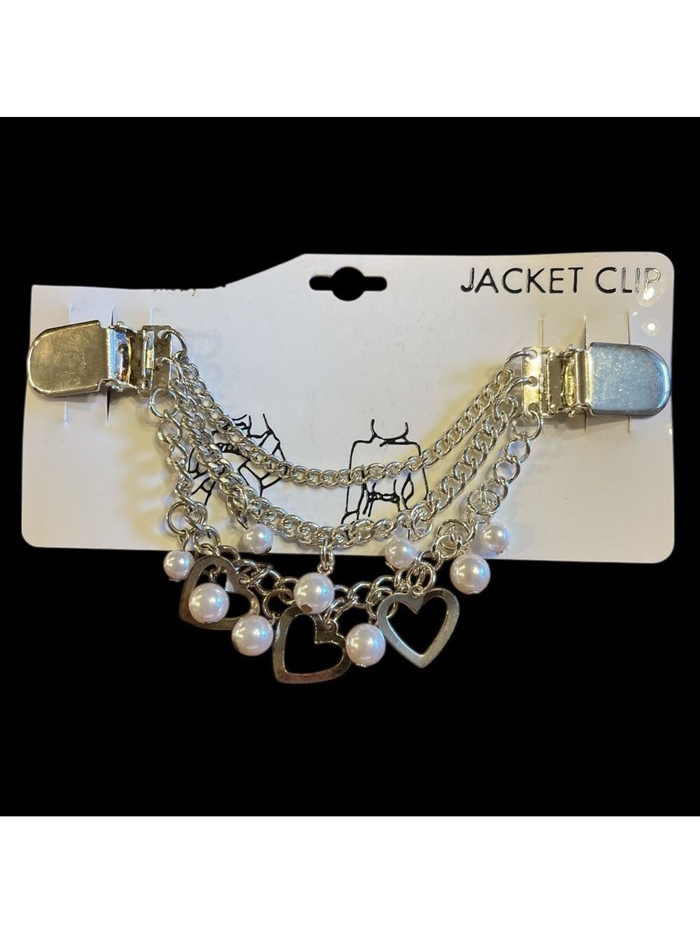 Vintage Style Silver Chain Jacket Clip Hearts & Pearls Sweater Guard Brooch
